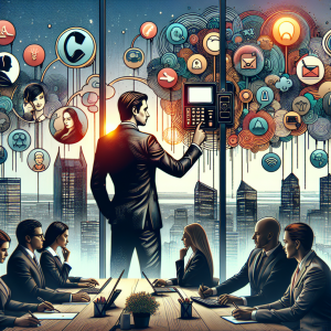 Illustration of Team using virtual PBX in a City skyline through office window setting, with a confident mood.