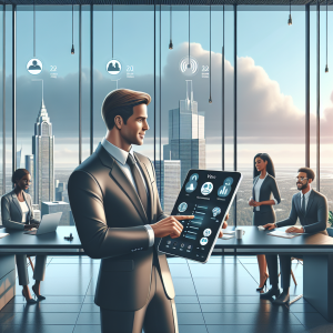 Illustration of User switching call profiles in a City skyline through office window setting, with a efficient mood.