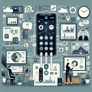 Illustration of Phone routing multiple devices in a Dashboard with telecom metrics setting, with a in control mood.