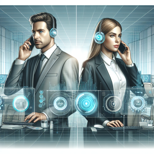 Illustration of Person making business calls on phone in a Tech-themed workspace setting, with a focused mood.
