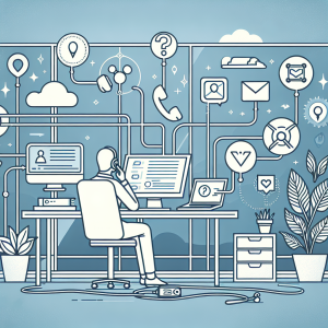 Illustration of Phone routing multiple devices in a Home office setup with headset setting, with a efficient mood.