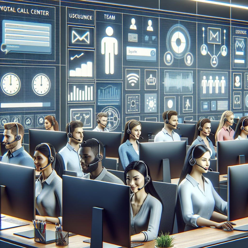 Illustration of Team using virtual PBX in a Call center with digital wallboards setting, with a efficient mood.