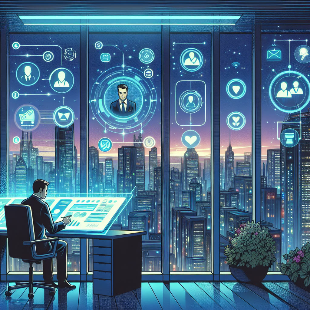 Illustration of Agent handling client calls in a City skyline through office window setting, with a efficient mood.