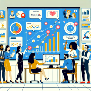 Illustration of Team using communication dashboard in a Dashboard with telecom metrics setting, with a confident mood.