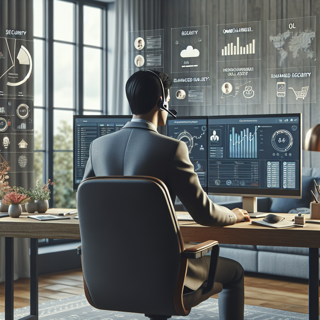 Illustration of Manager analyzing call reports in a Home office setup with headset setting, with a determined mood.