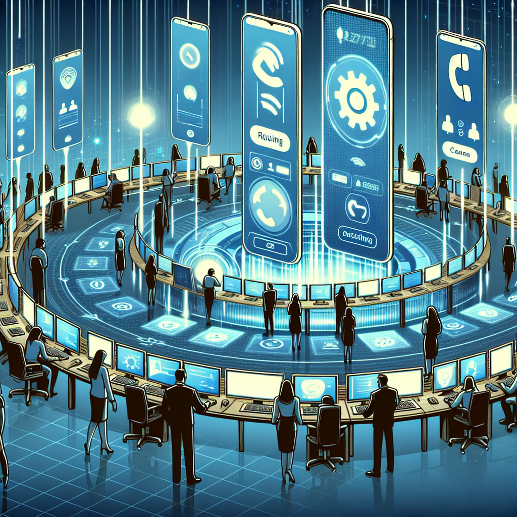 Illustration of Phone routing multiple devices in a Call center with digital wallboards setting, with a alert mood.