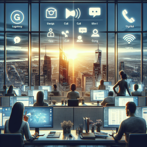 Illustration of User switching call profiles in a City skyline through office window setting, with a professional mood.