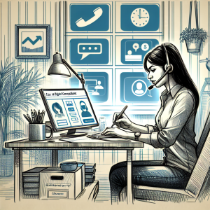 Illustration of User switching call profiles in a Home office setup with headset setting, with a determined mood.