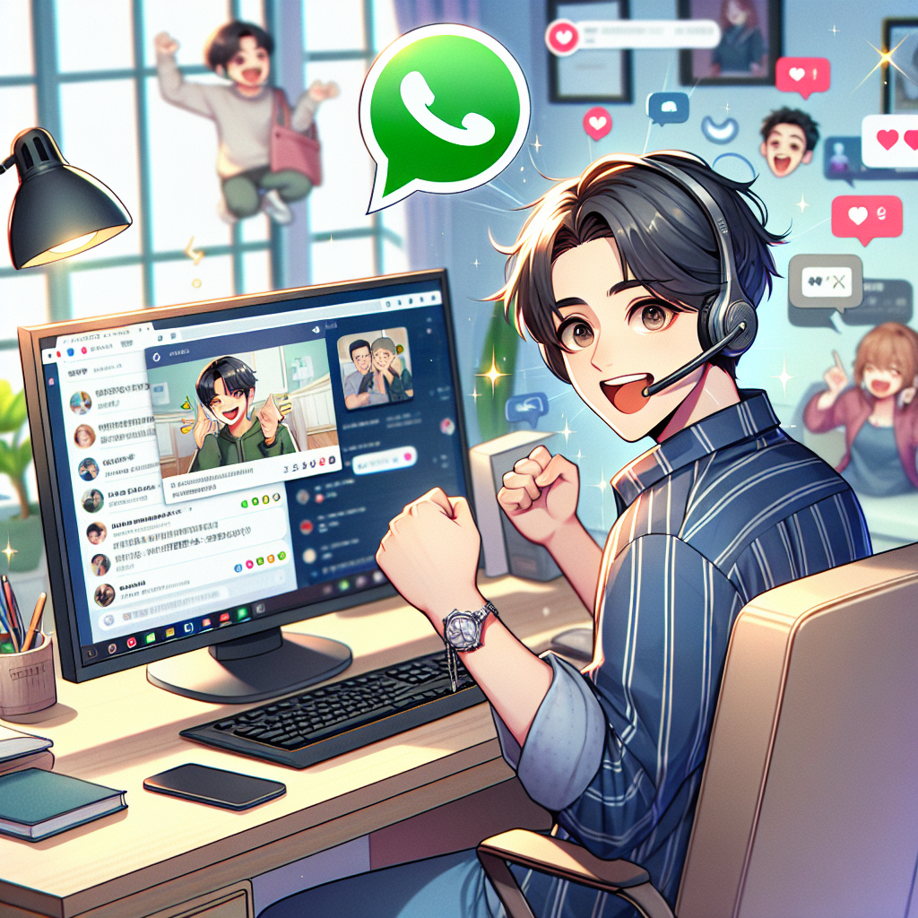 Illustration of Customer connecting via WhatsApp in a Home office setup with headset setting, with a inspired mood.
