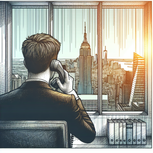 Illustration of Person making business calls on phone in a City skyline through office window setting, with a determined mood.