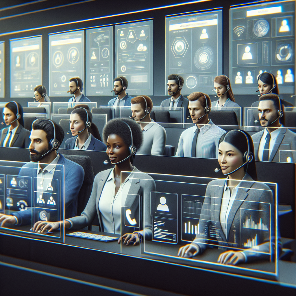 Illustration of Team using communication dashboard in a Call center with digital wallboards setting, with a focused mood.