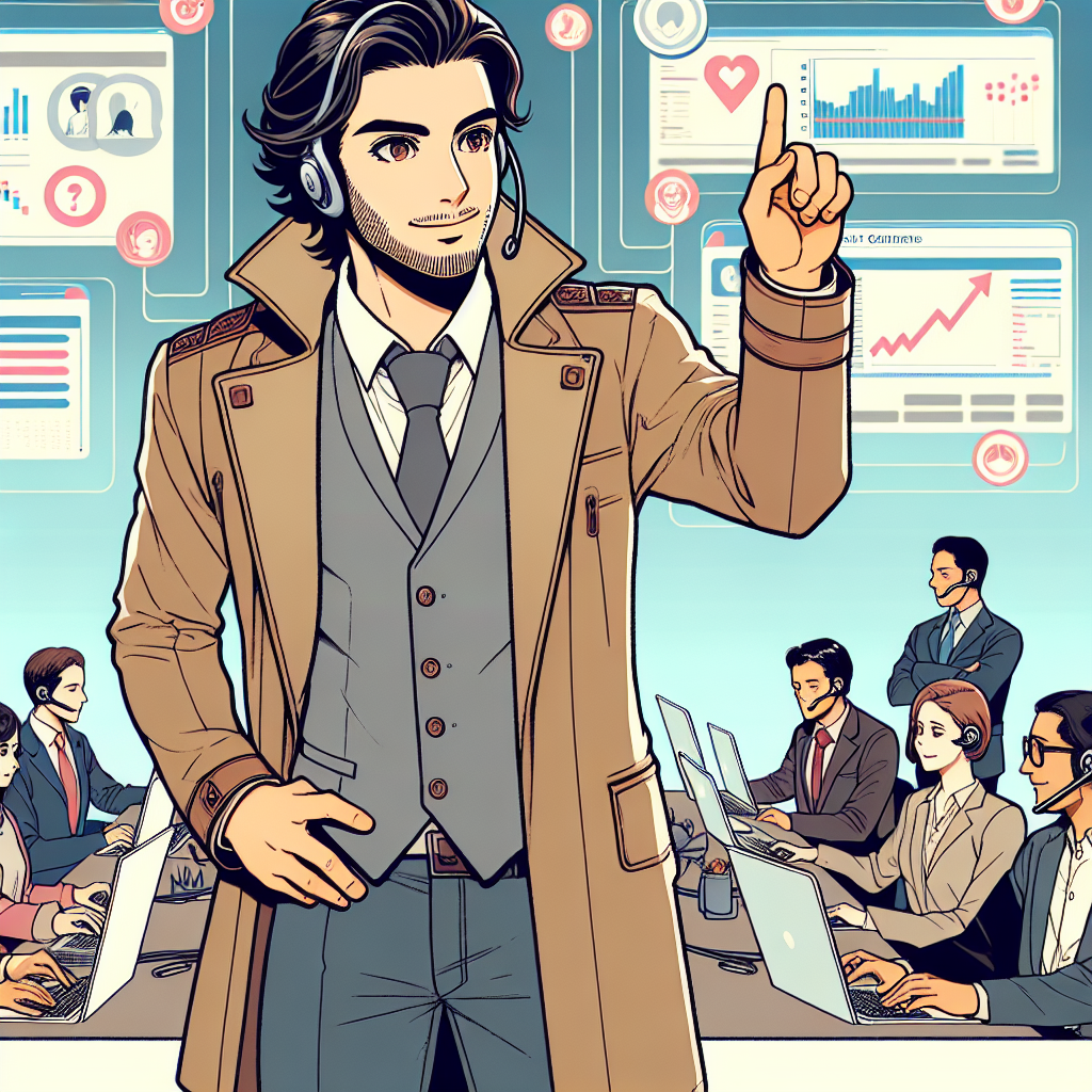 Illustration of Manager analyzing call reports in a Tech-themed workspace setting, with a confident mood.