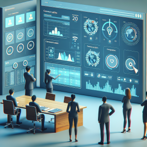 Illustration of Team using communication dashboard in a Dashboard with telecom metrics setting, with a inspired mood.