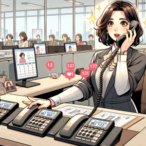 Illustration of Entrepreneur managing multiple numbers in a Professional desk with phones setting, with a alert mood.