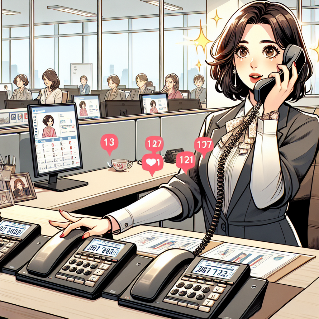 Illustration of Entrepreneur managing multiple numbers in a Professional desk with phones setting, with a alert mood.