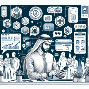 Illustration of Manager analyzing call reports in a Modern office with mobile tech setting, with a in control mood.
