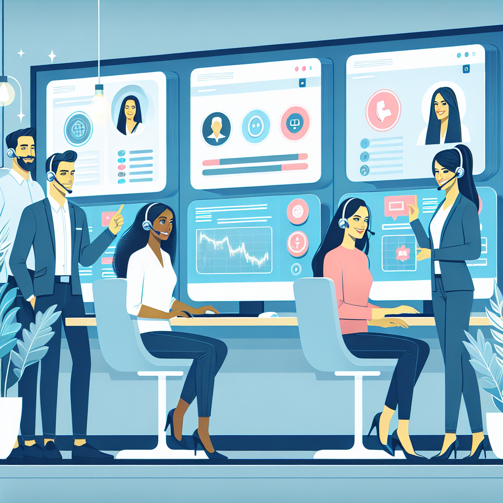 Illustration of Team using virtual PBX in a Call center with digital wallboards setting, with a confident mood.