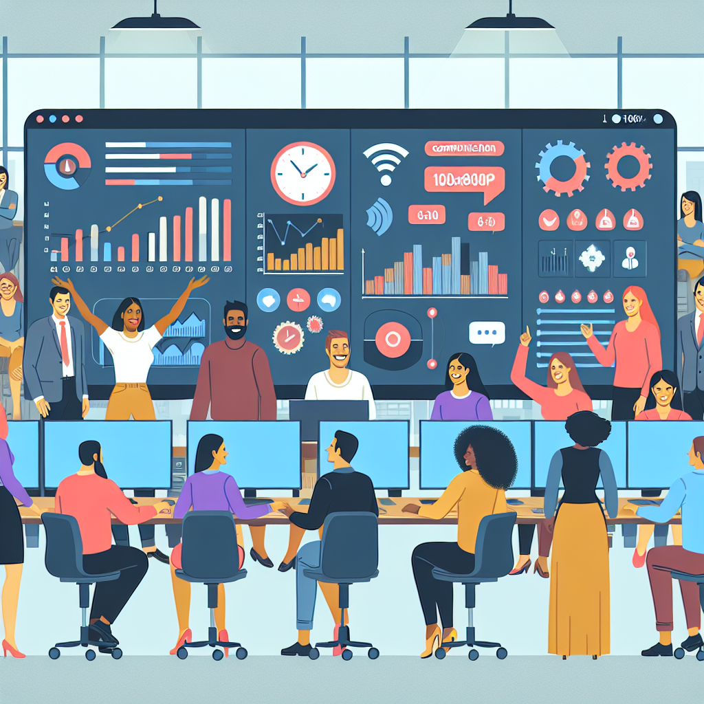Illustration of Team using communication dashboard in a Dashboard with telecom metrics setting, with a in control mood.