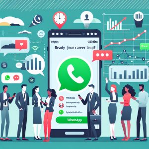 Illustration of Customer connecting via WhatsApp in a Dashboard with telecom metrics setting, with a innovative mood.