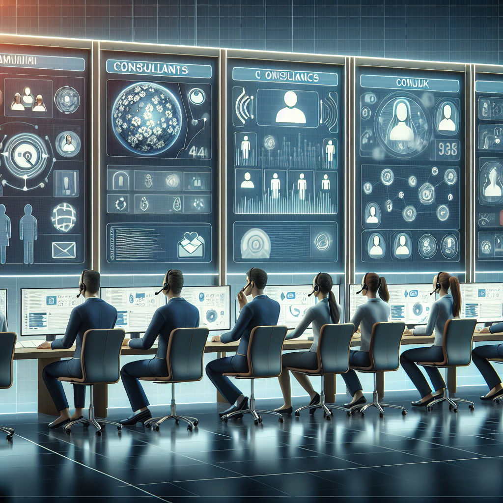 Illustration of Team using communication dashboard in a Call center with digital wallboards setting, with a in control mood.