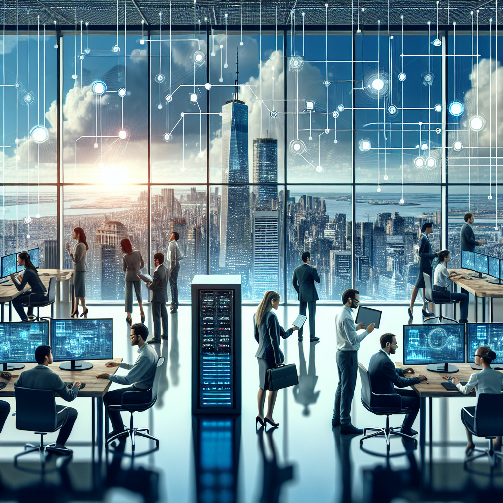 Illustration of Team using virtual PBX in a City skyline through office window setting, with a innovative mood.