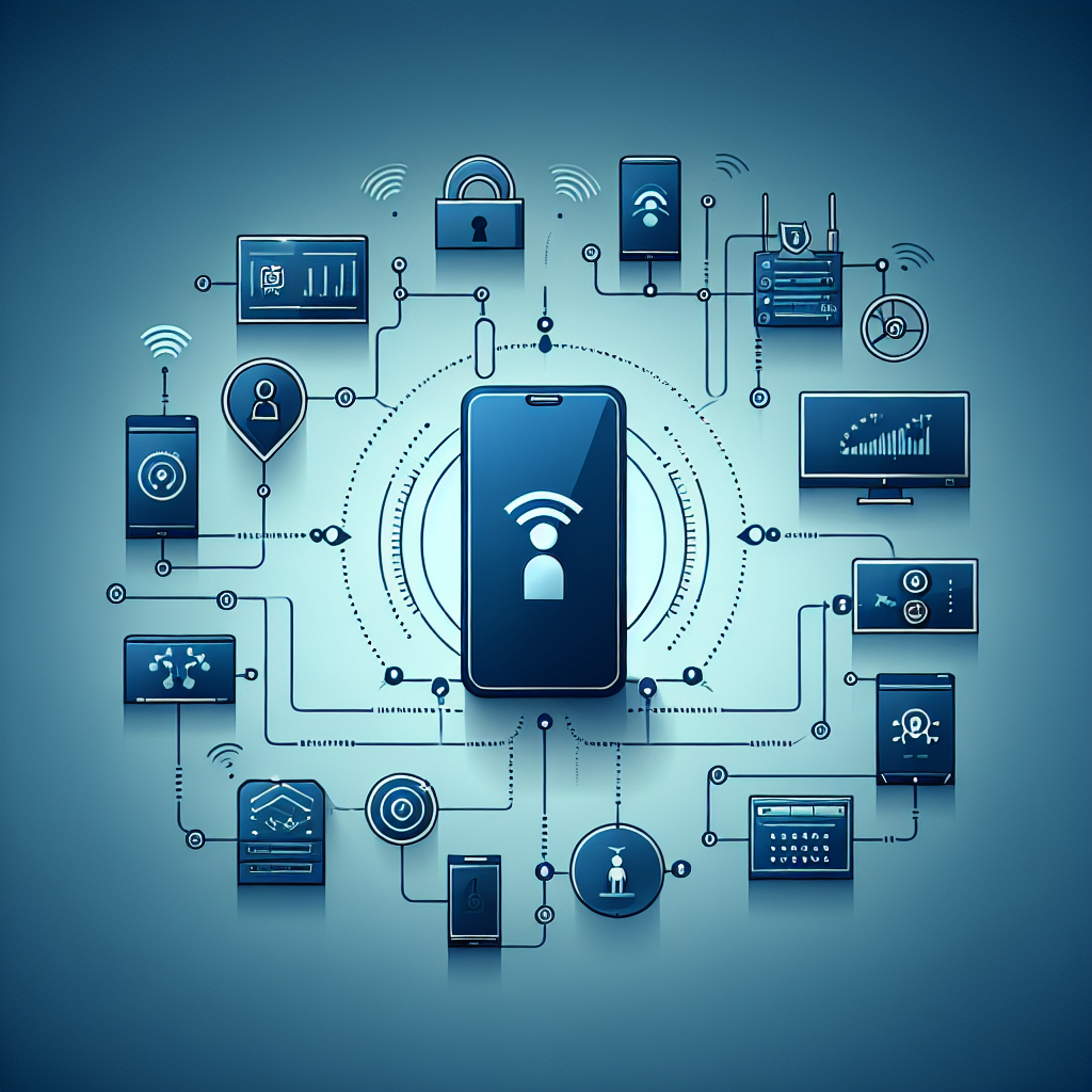 Illustration of Phone routing multiple devices in a Dashboard with telecom metrics setting, with a in control mood.