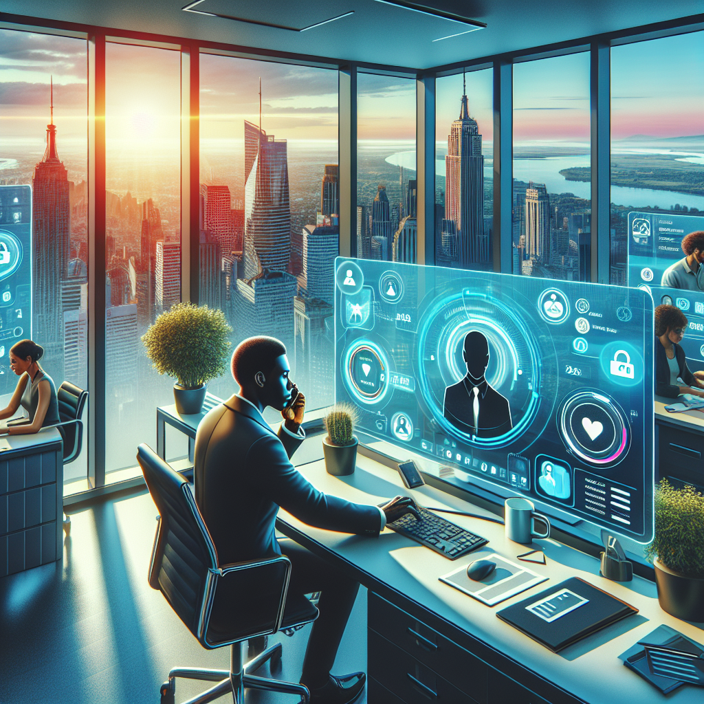 Illustration of Agent handling client calls in a City skyline through office window setting, with a focused mood.