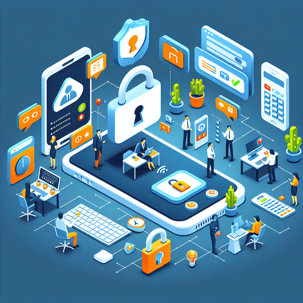 Illustration of Caller ID with mobile icons in a Tech-themed workspace setting, with a determined mood.