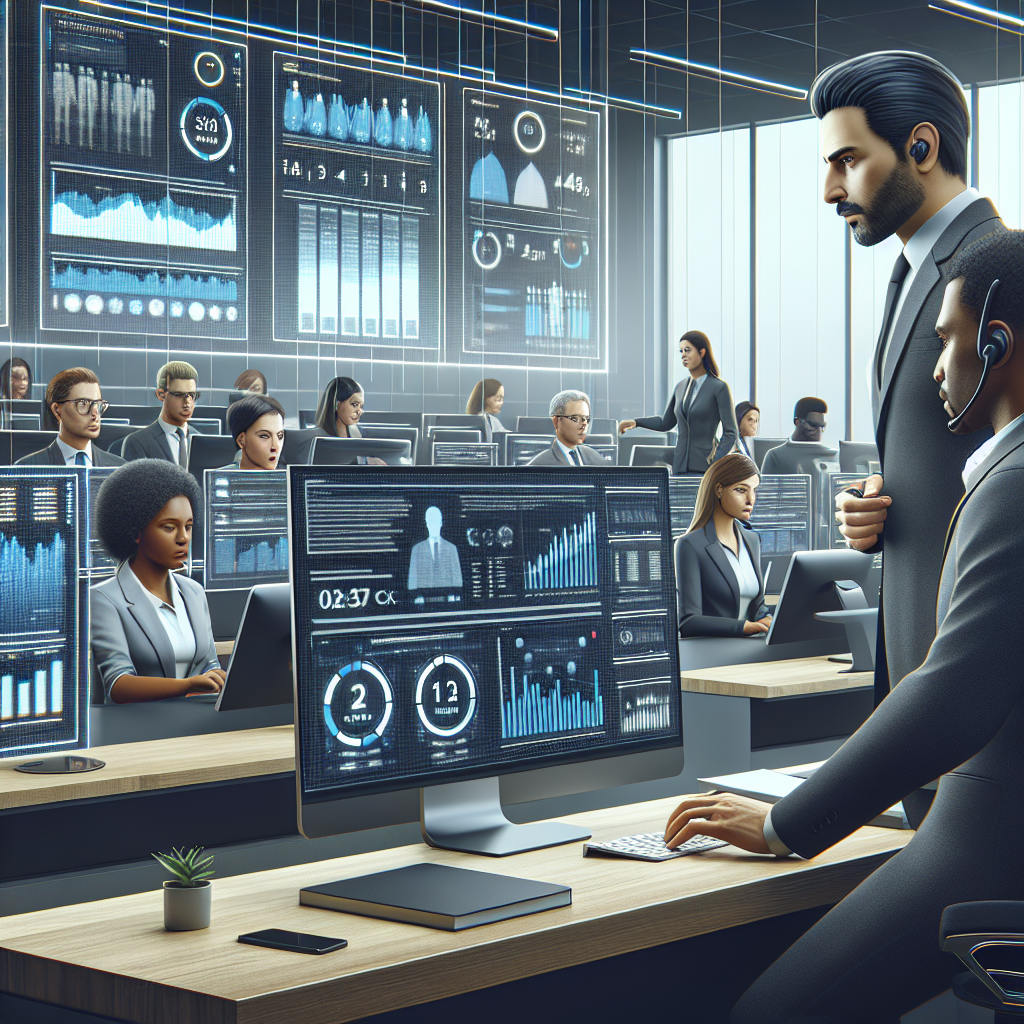 Illustration of Manager analyzing call reports in a Call center with digital wallboards setting, with a in control mood.