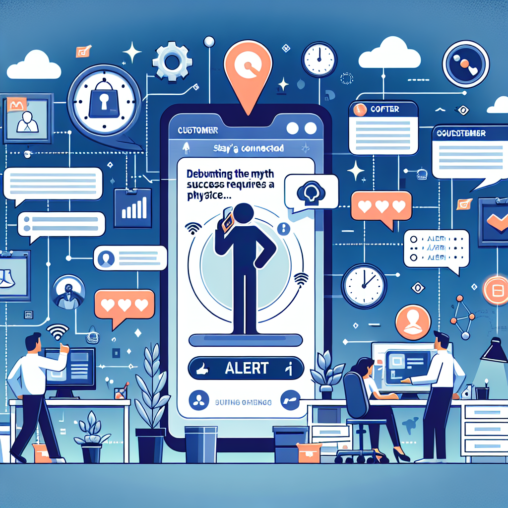 Illustration of Customer connecting via WhatsApp in a Tech-themed workspace setting, with a alert mood.