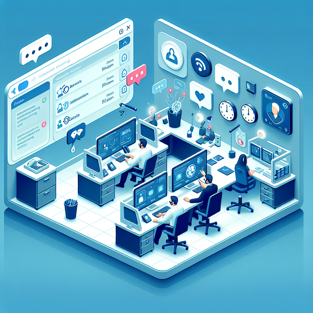 Illustration of Agent handling client calls in a Modern office with mobile tech setting, with a in control mood.