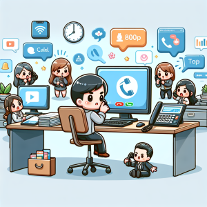 Illustration of Caller ID with mobile icons in a Professional desk with phones setting, with a alert mood.