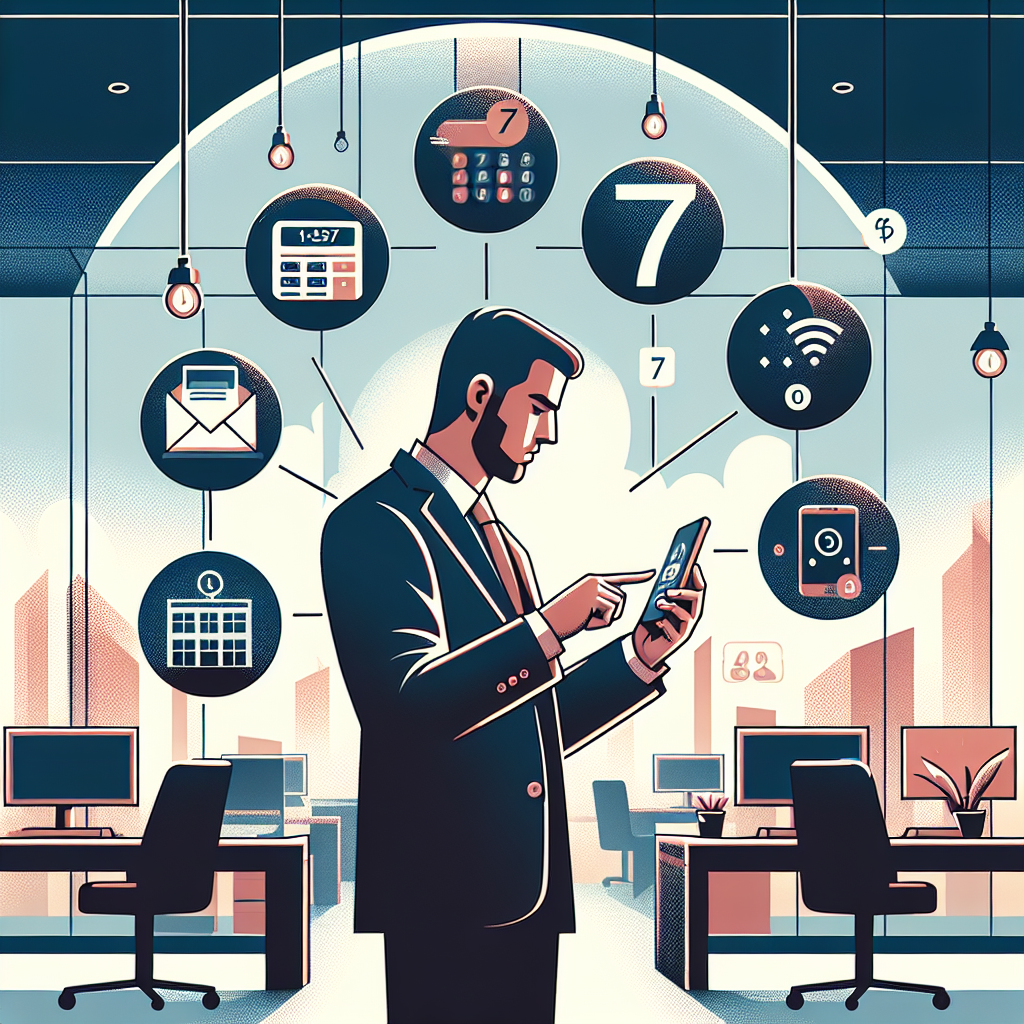 Illustration of Entrepreneur managing multiple numbers in a Modern office with mobile tech setting, with a innovative mood.