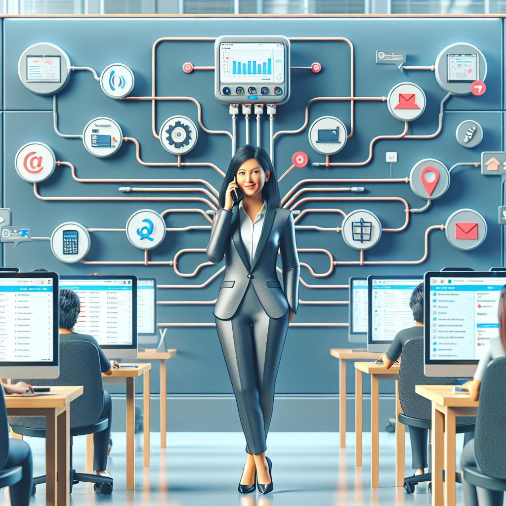 Illustration of Phone routing multiple devices in a Tech-themed workspace setting, with a in control mood.