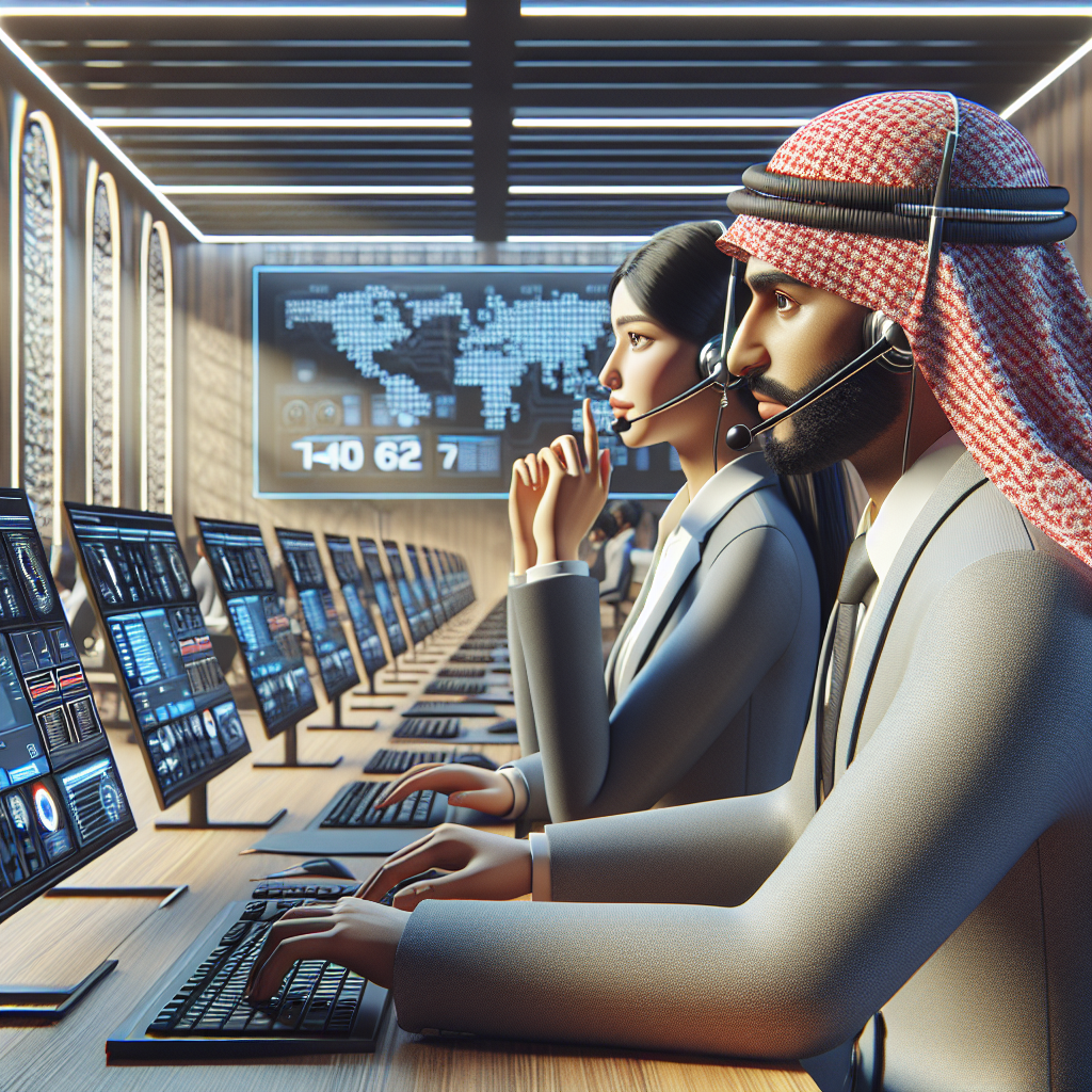 Illustration of Agent handling client calls in a Call center with digital wallboards setting, with a focused mood.