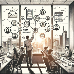 Illustration of User switching call profiles in a City skyline through office window setting, with a empowered mood.