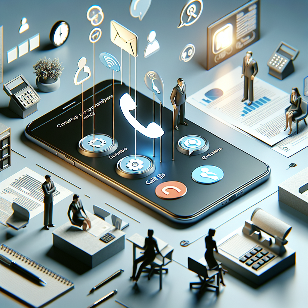 Illustration of Caller ID with mobile icons in a Professional desk with phones setting, with a in control mood.