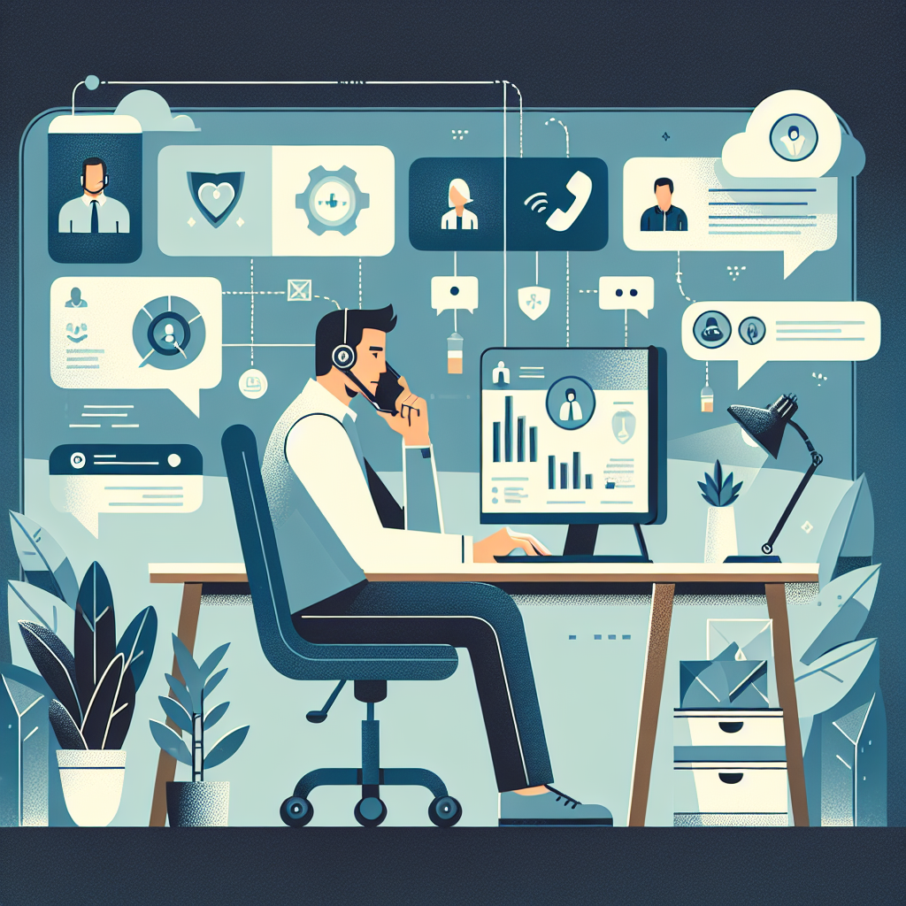 Illustration of Person making business calls on phone in a Home office setup with headset setting, with a inspired mood.