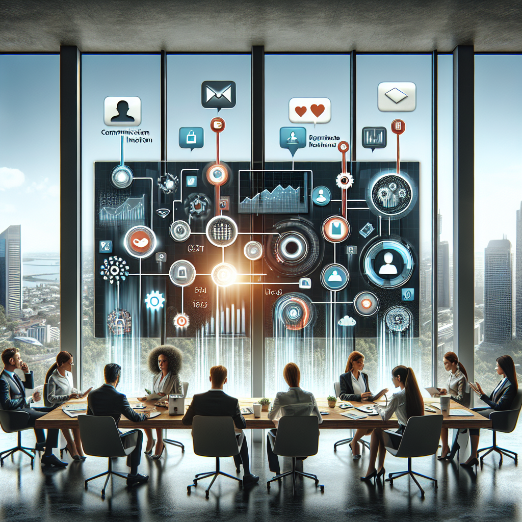 Illustration of Team using communication dashboard in a City skyline through office window setting, with a empowered mood.