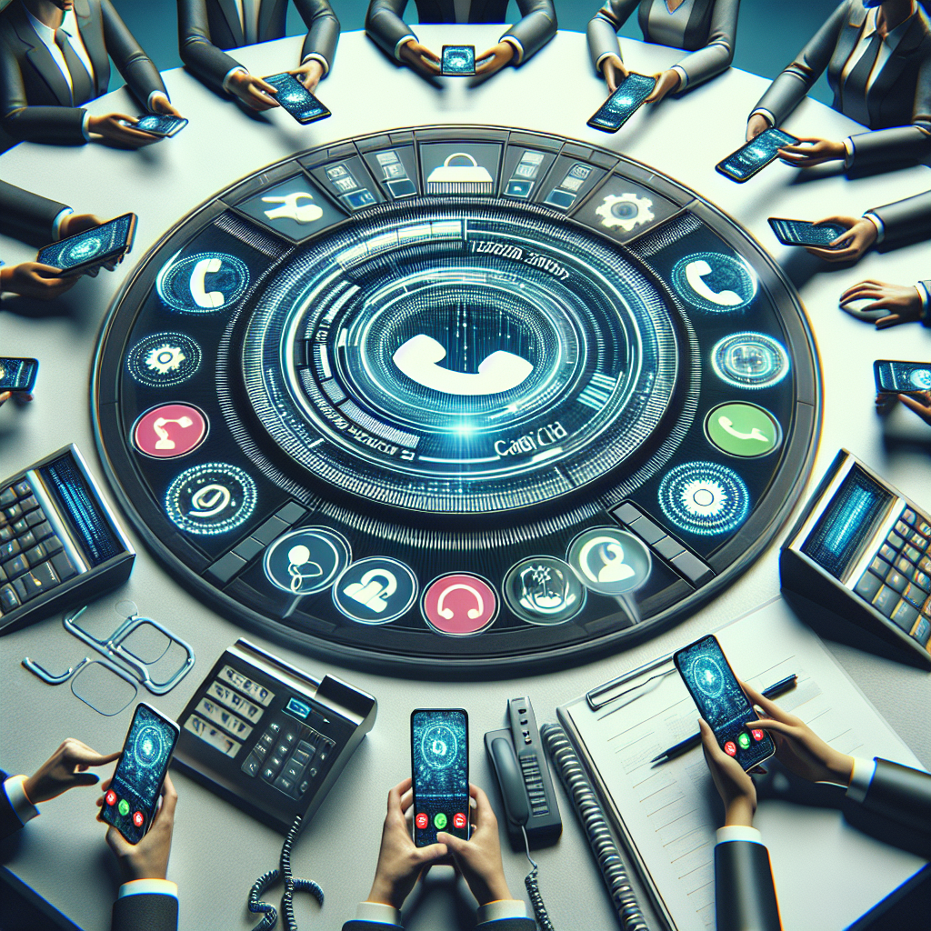 Illustration of Caller ID with mobile icons in a Professional desk with phones setting, with a confident mood.