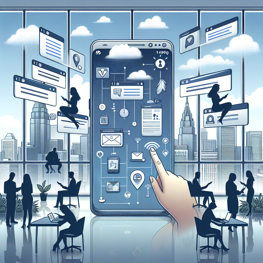 Illustration of Phone routing multiple devices in a City skyline through office window setting, with a innovative mood.