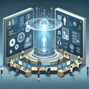 Illustration of Phone routing multiple devices in a Call center with digital wallboards setting, with a determined mood.