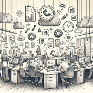 Illustration of Caller ID with mobile icons in a Professional desk with phones setting, with a in control mood.