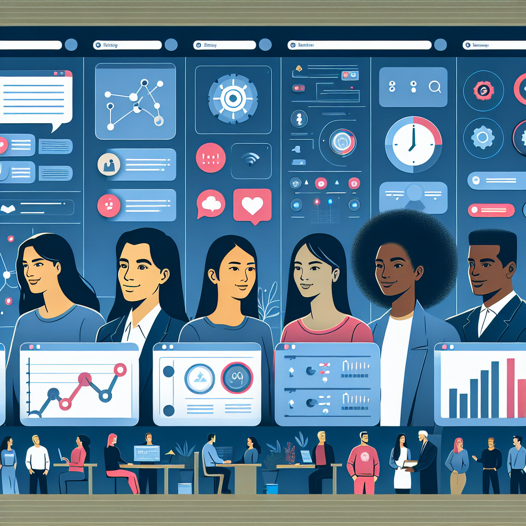 Illustration of Team using communication dashboard in a Virtual command center setting, with a confident mood.