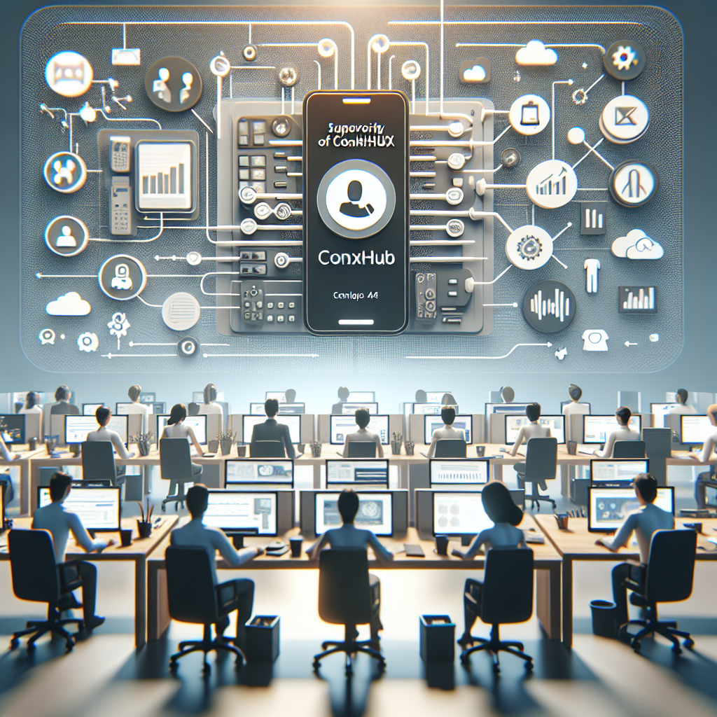 Illustration of Team using virtual PBX in a Tech-themed workspace setting, with a inspired mood.