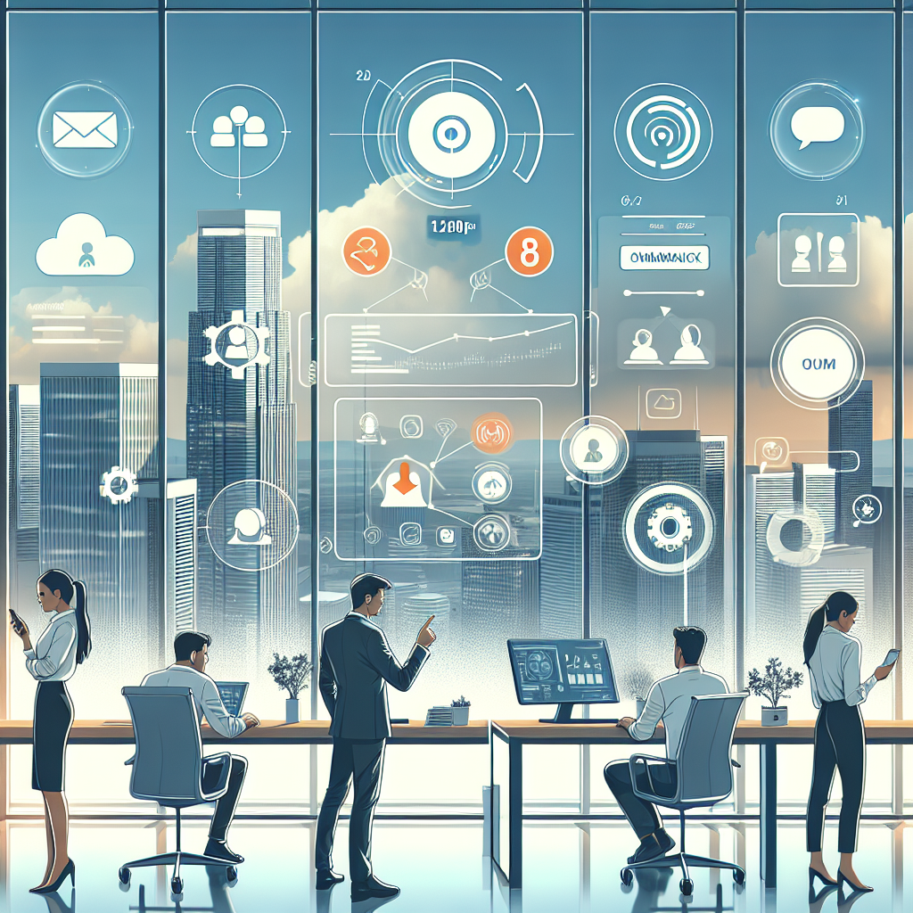 Illustration of Team using virtual PBX in a City skyline through office window setting, with a alert mood.
