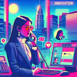 Illustration of Person making business calls on phone in a City skyline through office window setting, with a innovative mood.