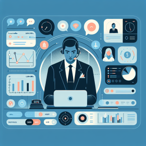 Illustration of Agent handling client calls in a Dashboard with telecom metrics setting, with a alert mood.