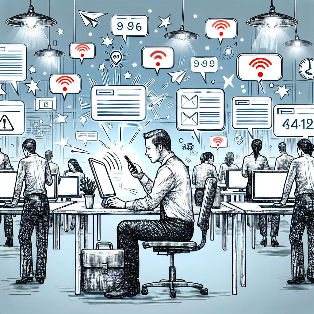 Illustration of Entrepreneur managing multiple numbers in a Modern office with mobile tech setting, with a alert mood.