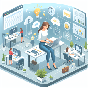 Illustration of Entrepreneur managing multiple numbers in a Modern office with mobile tech setting, with a inspired mood.